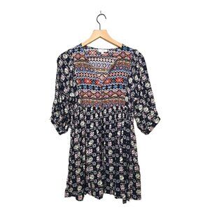 Umgee Aztec Floral Boho 3/4 Sleeve Babydoll Mini Dress Sz S